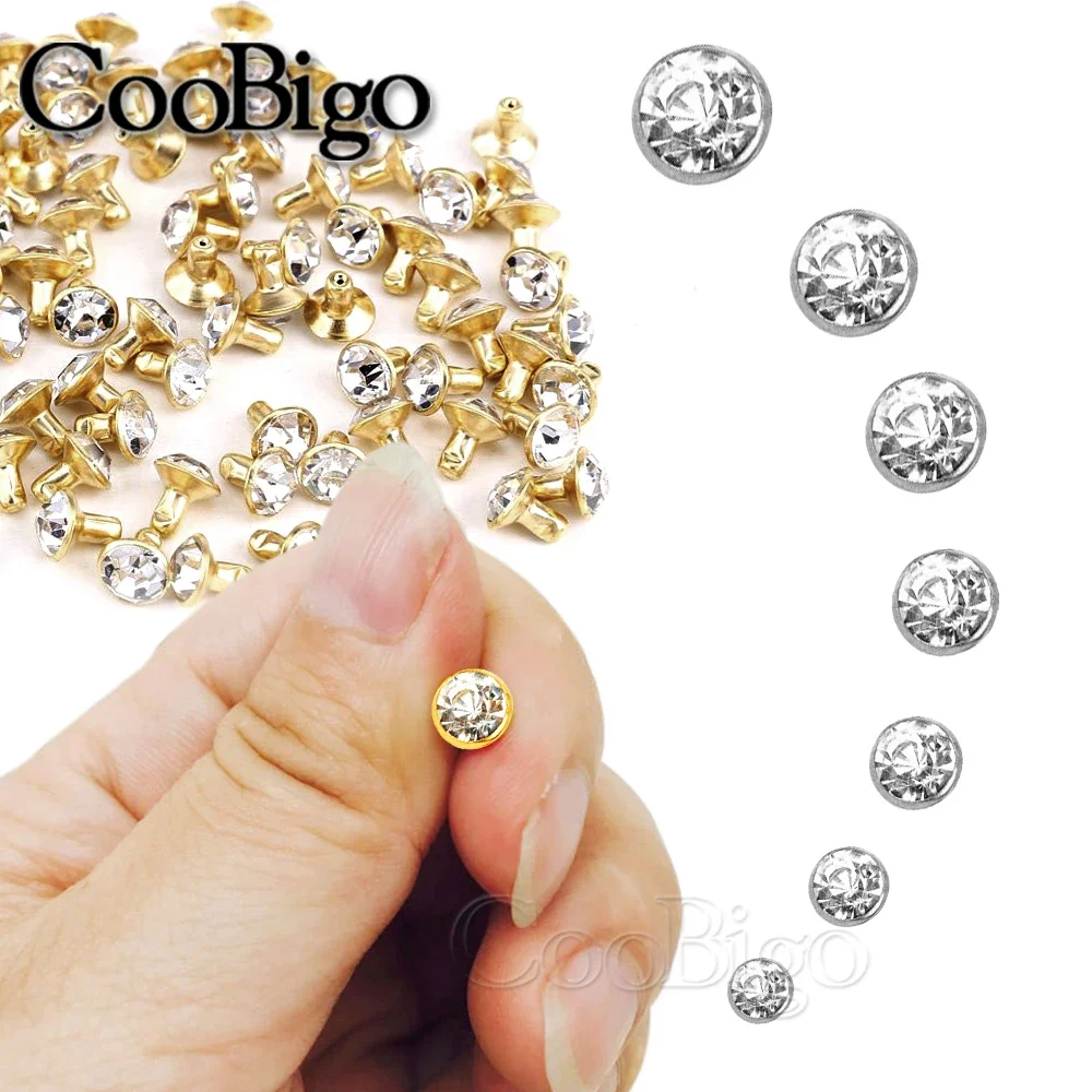Metal studs rivets 100sets crystal rhinestone trim double cap rivets diamond studs DIY craft clothes bag shoes leather spikes glass drill nail