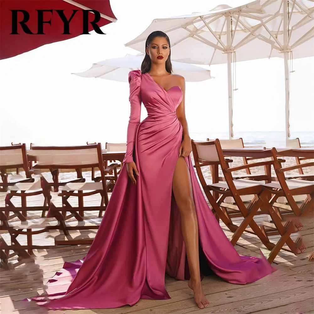 

RFYR One Shoulder Full Sleeves Evening Dresses Side Split Stain Pink Prom Dresses Exquisite Pleat Mermaid vestidos de fiesta