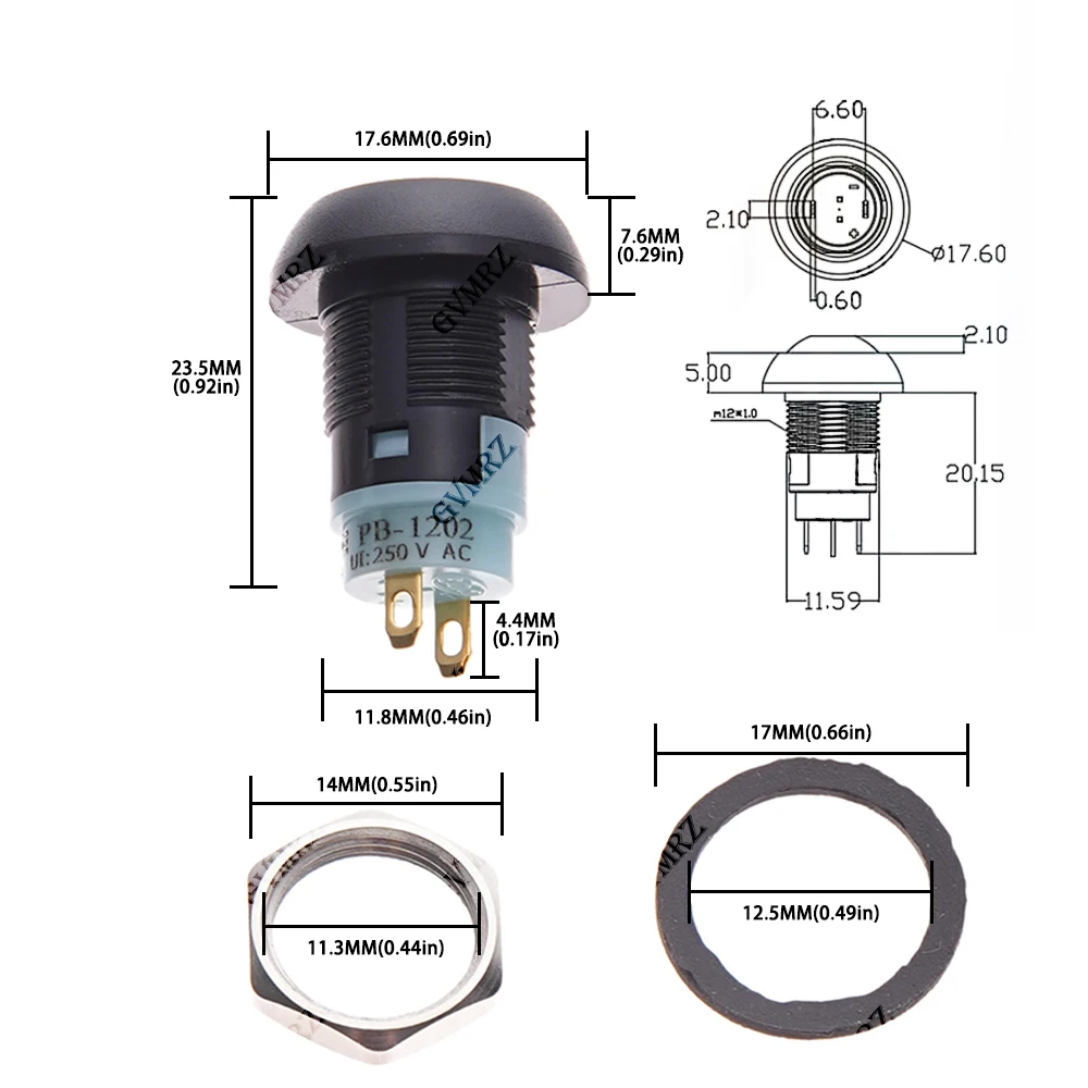 5PCS 레드 옐로우 12mm 블루 화이트 그린 미니 12mm 순간 방수 푸시 버튼 스위치 Horn1A 250V 셀프 리셋 블랙 DIY
