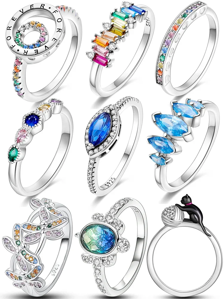 Original Design 925 Sterling Silver Colorful Cubic Zircon Ring For Women Wedding Engagement Birthday Silver Jewelry Gift