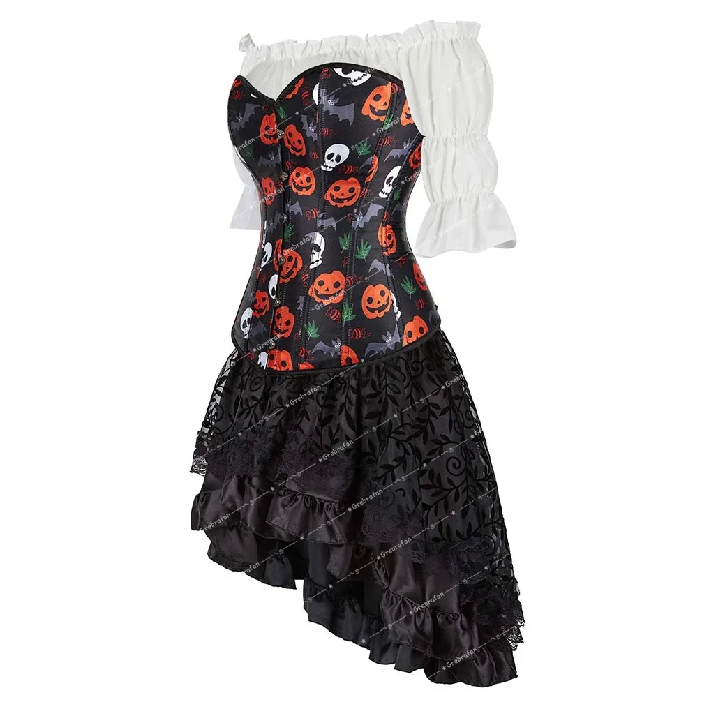 Burlesque Bustier Corset Skirts 3 Piece Pumpkin Skull Printing Corsets Dress Set Halloween Costumes Party Costume Sexy Plus Size