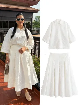 HH Women Tassel Sets White Turn-Down Collar Single-Breasted Shirts+High Waist Zipper A-Line Long Skirts Female Holiday Suit 1