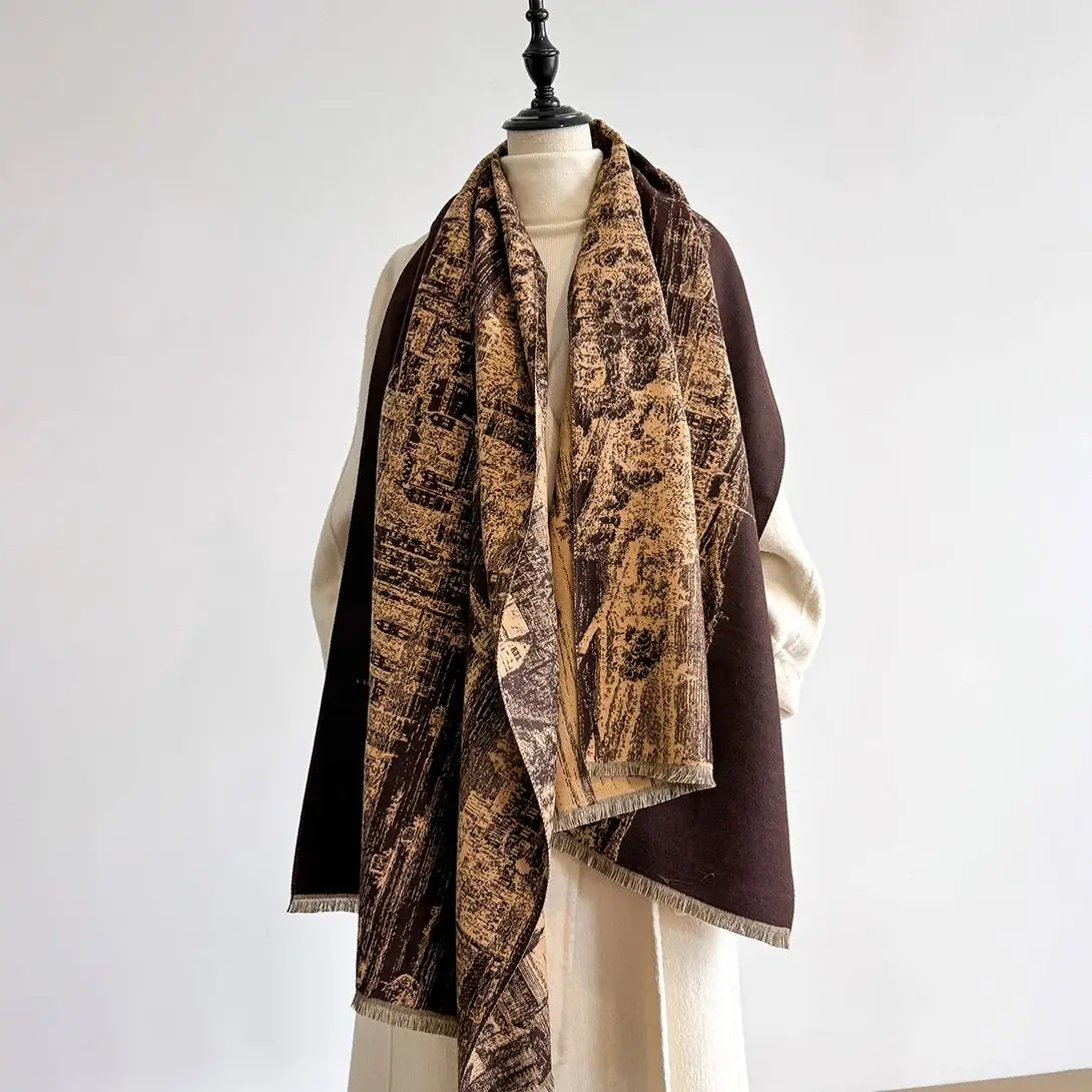 New Brand Elegance Two-Sided Print Scarf Soft Warm Fringe Pashmina Shawl Autumn and Winter Outdoor Coldproof Windproof Blanket