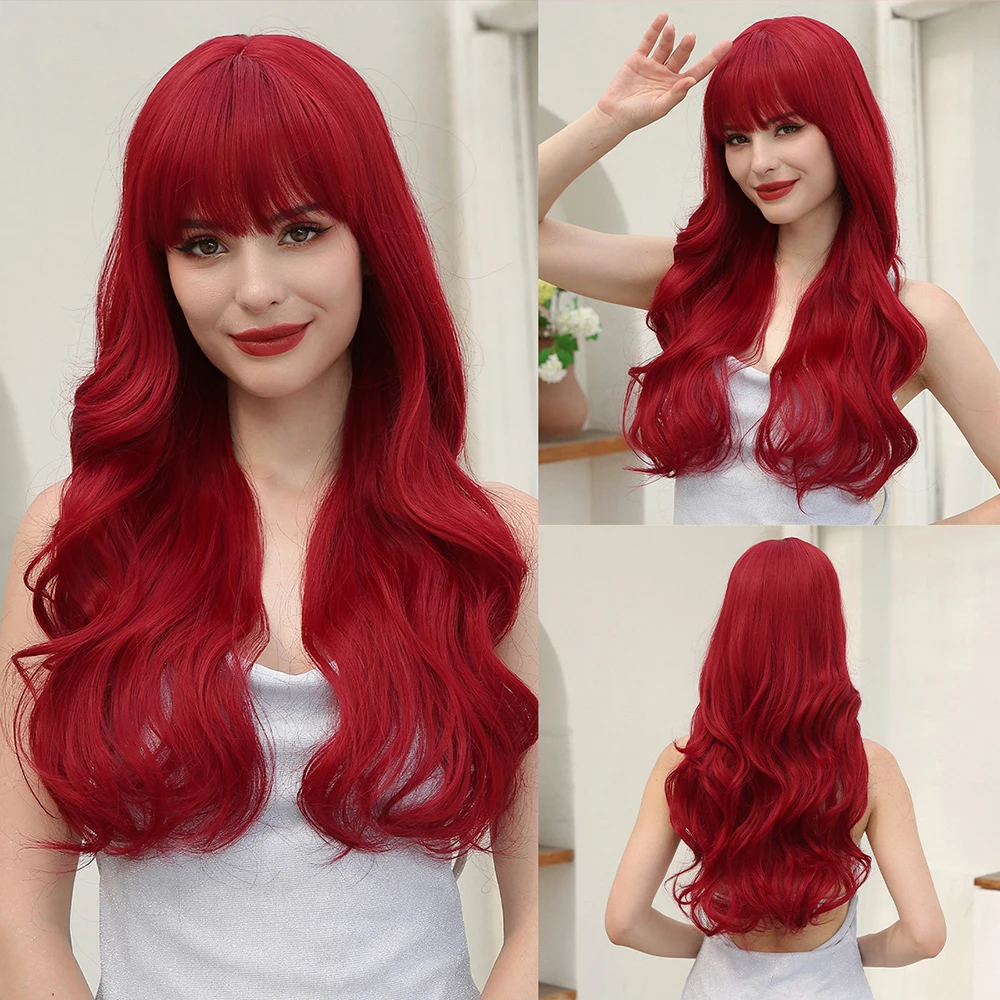 

Wig set, new red long curly hair, straight bangs, large waves, wig, fiber full head set