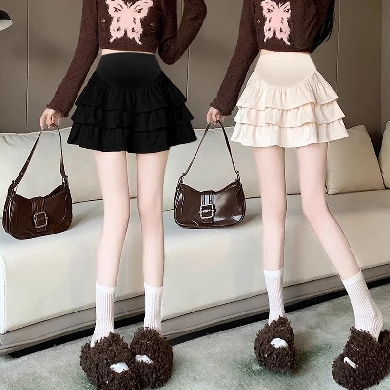 Autumn Winter Pregnant Woman Belly Skirts Sweet High Wiast Maternity Ball Gown Skirt Ruffls Patchwork Pregnancy Cake Skirts Cute