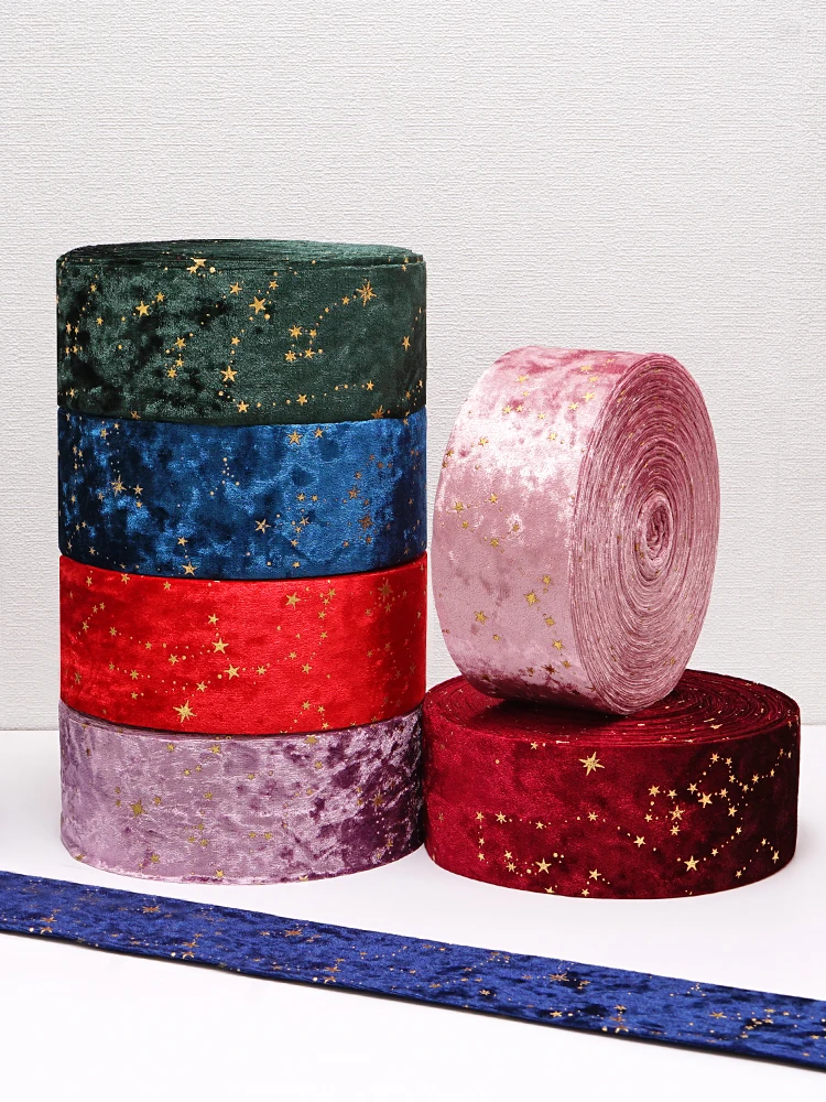 Double-sided Velvet Ribbons Hot Stamping Stars DIY Gift Wrapping Wedding Bouquet Christmas Decor Party Supplies A0021