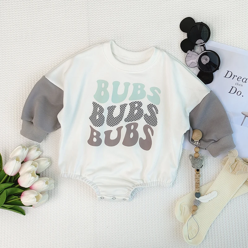 

Newborn New Baby Romper Boys Splice Bubs Bubble Romper Sweatshirts Letter Printing Casual Bubble Warm Romper Jumpsuit