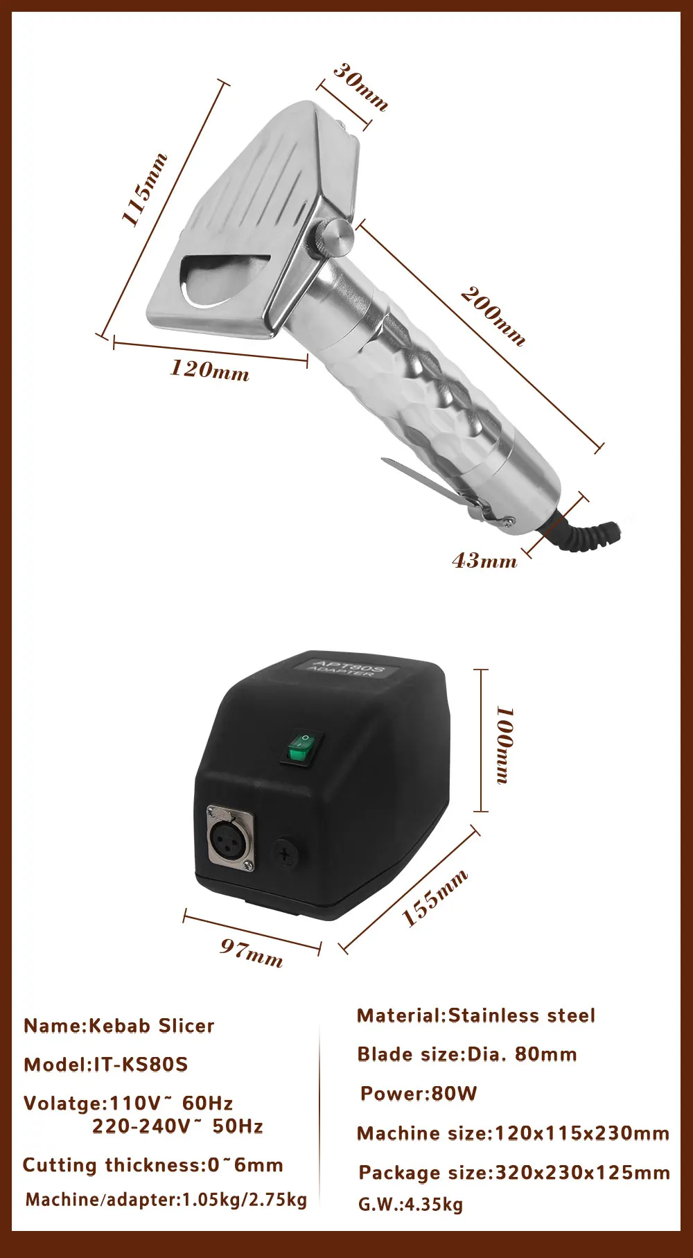 Description Picture 5 of itemITOP Kebab Slicer Electric 80 mm Diameter Blade Handheld Shawarma Slicing Machine Transformer 80W 110V-220V Universal