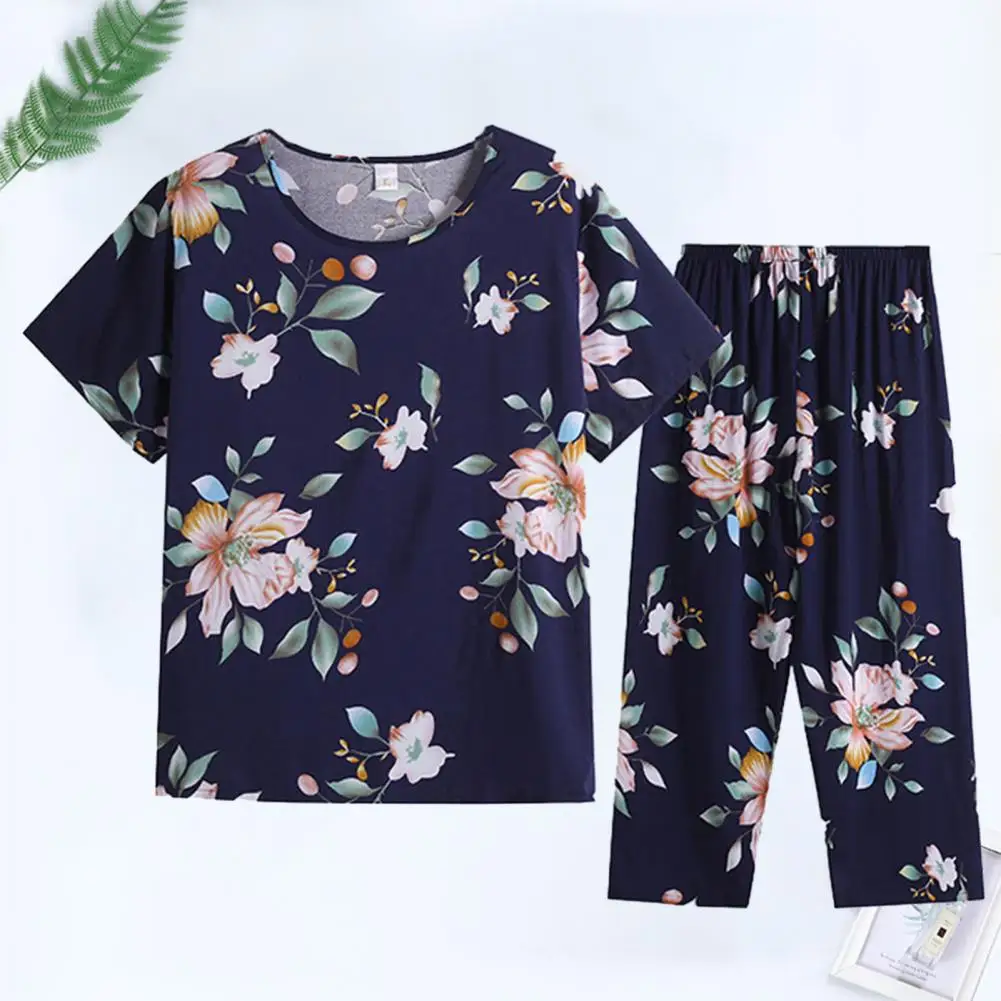 

2Pcs/Set Mother Sleepwear Popular Casual T-shirt Cropped Pants Sleepwear Breathable Loungewear Set