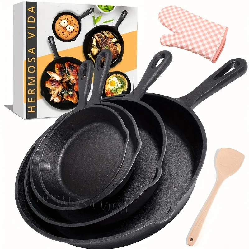 

4pcs Cast Iron Skillet Set - Best Heavy-Duty Professional Restaurant Chef Quality Pre-Seasoned Pan Cookware Set Great For Frying