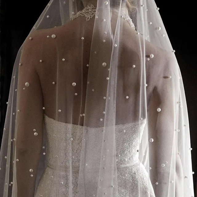 Perle bianco avorio lungo velo da sposa con pettine velo da sposa cattedrale a uno strato con perle Velos de Noiva perline di cristallo 75-300cm 1