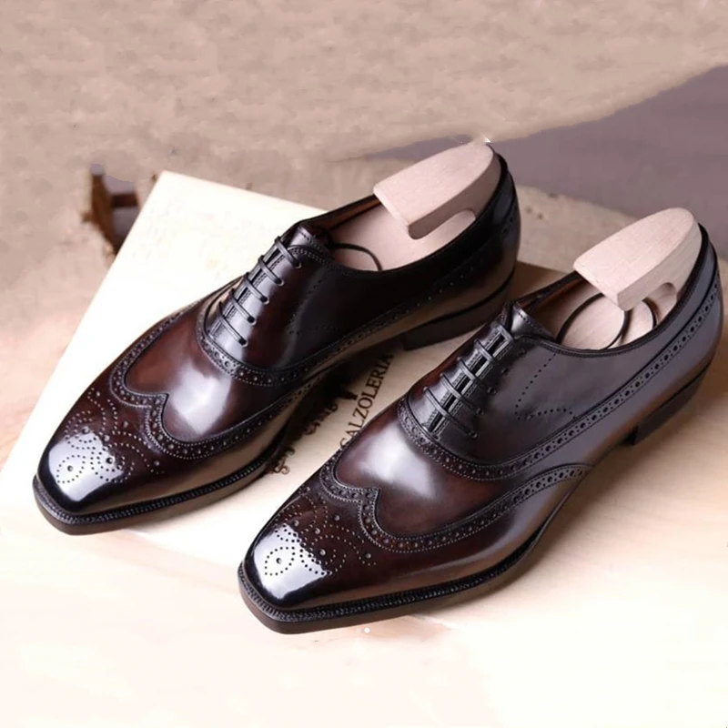 

Men's Brown Brogue Shoes Breathable Square Head Business Office Lace-up Fretwork Dress Shoes for Men with Free Shipping