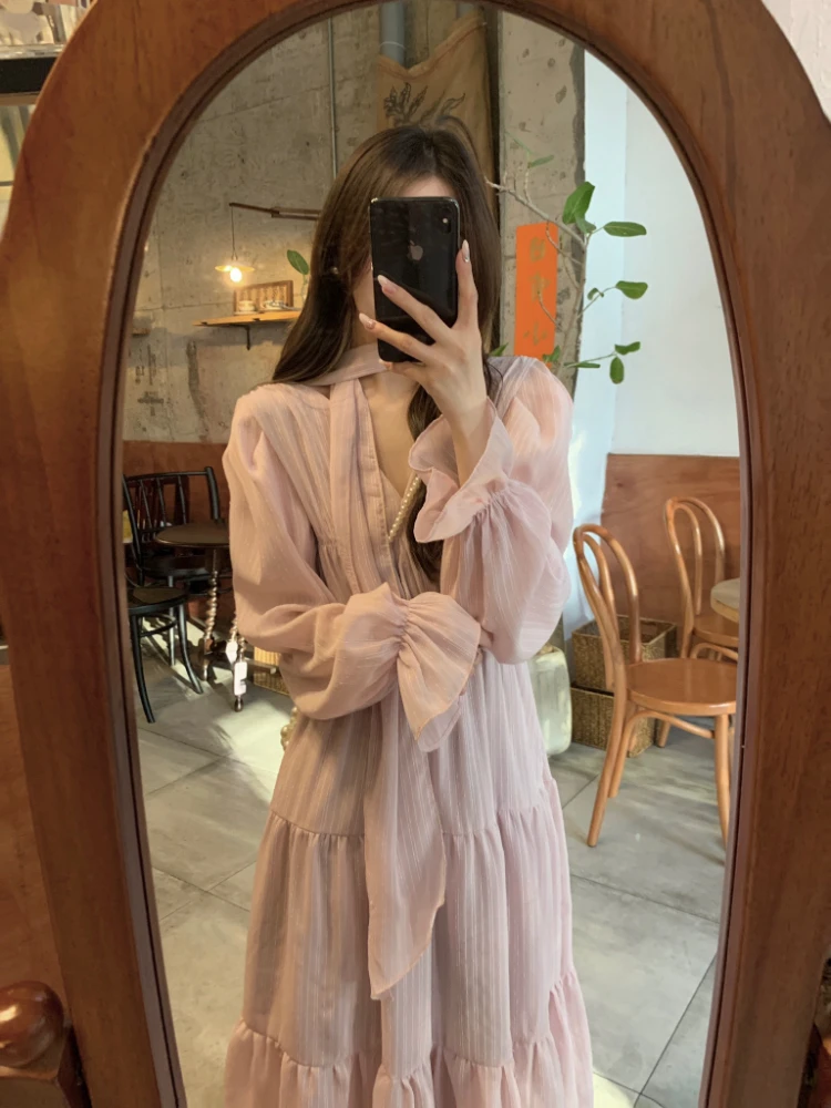 Elegant Autumn Midi Dresses for Women V-neck Flare Sleeves A-line Solid Korean Fashion Casual French Vintage Vestidos Mujer New