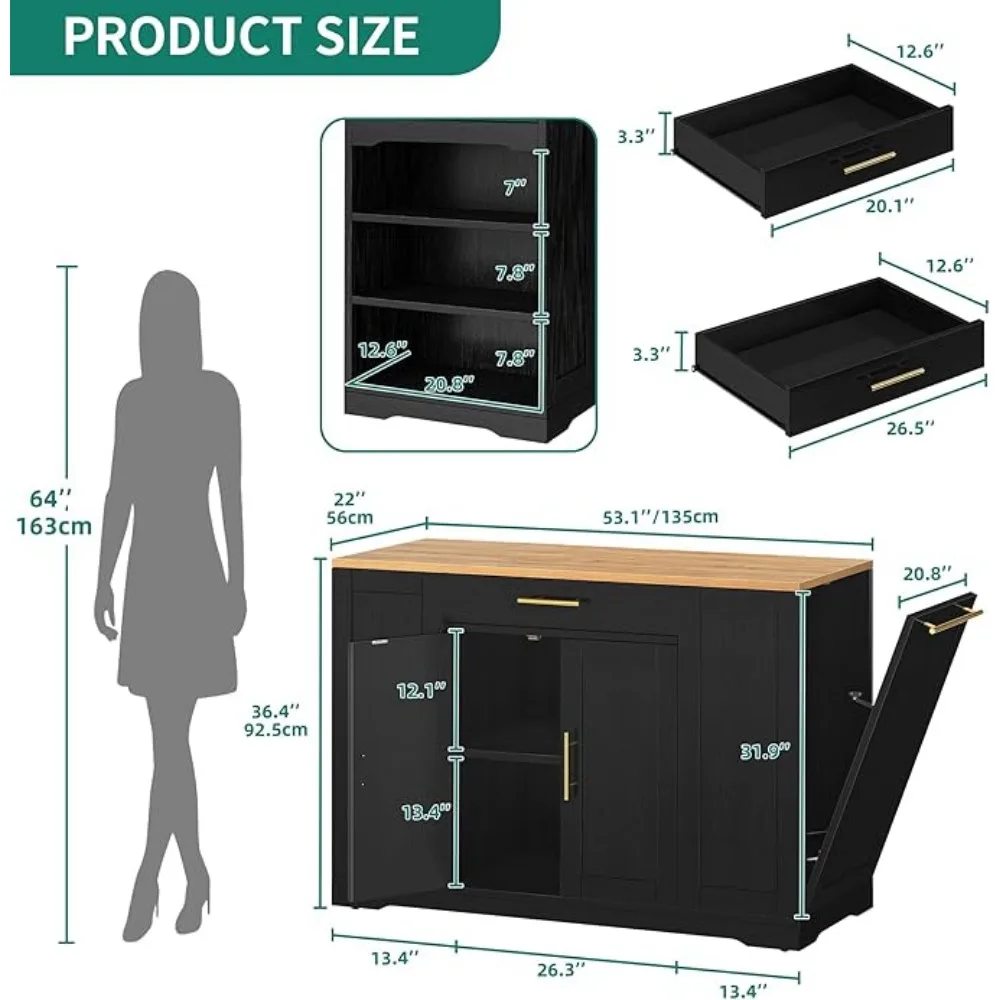 53 Inch Large Rolling Kitchen Island with Trash Can Storage Cabinet,Movable w Wheels Cabinet for 13 Gallon Garbage Bin 2 Drawer 6
