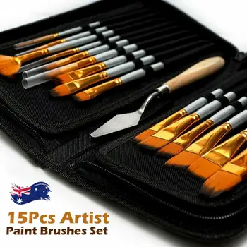 New 15 Pcs Paint Brush Set Oil Watercolor Gouache Painting Pop-up Carrying Case Palette Knife And Sponge Art Supplies Stationery