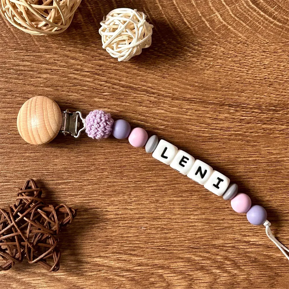 Custom Name Pacifier Chain with Colorful Beads & Crochet Balls