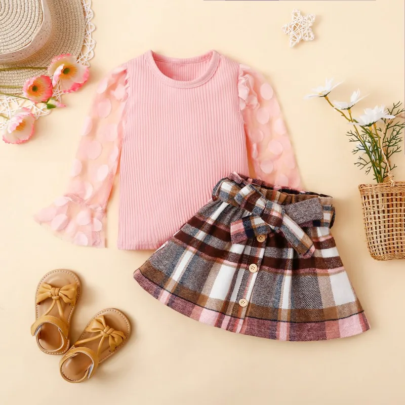 

Winter Baby Girl Clothes Set Lace Long Sleeve Pullover Top Single Row Button Plaid Short Skirt 2PCS Set Kids Outfits 1-4Years
