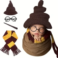 4Pcs/Set Newborn Photography Outfit Accessories Role-Playing Wizard Hat Glasses Sticks Props for Infants Boys Girls 1