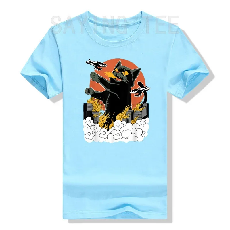 Schwarzes japanisches Catzilla-Sonnenuntergangs-T-Shirt – eine riesige Katze Attacks City, lustige Kitty-Grafik-T-Shirts, kurzärmeliges Anime-Comics-Cartoon-Top – Detail 4