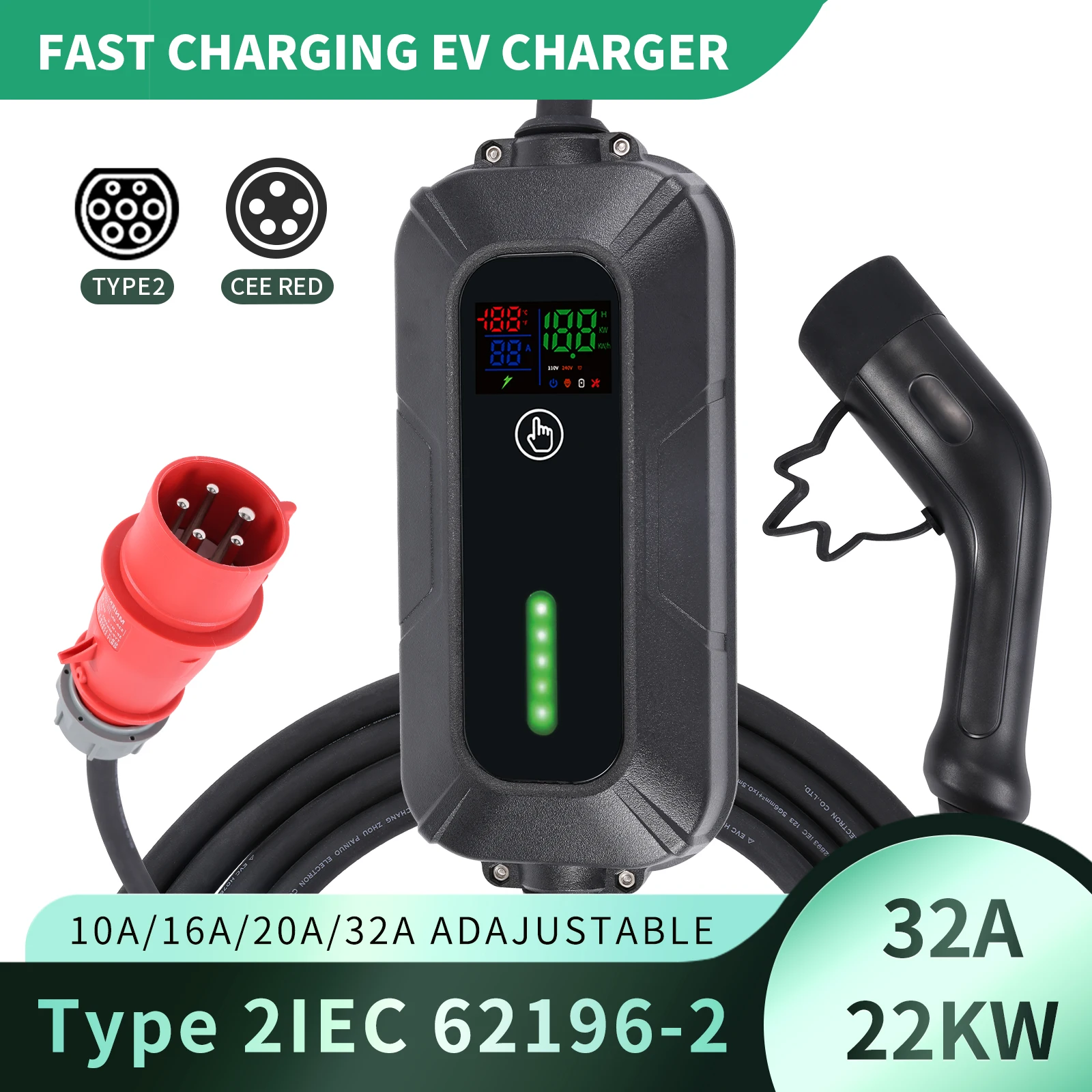 

EV Portable Charger Type2 IEC62196-2 EVSE Charging Box Electric Vehicle Charger Red CEE Plug 5M Cable 22KW 32A Free storage bag