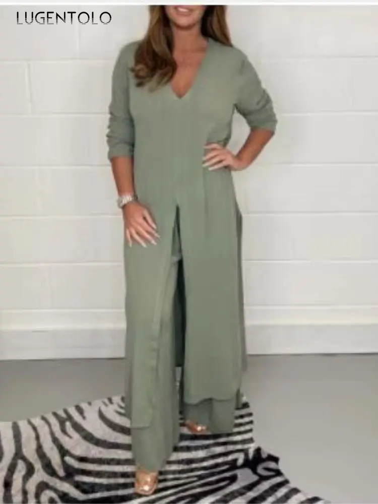 

Women Split End V-neck Long Sleeve Top Pants Sets Army Green Summer Large Size V-neck Pullover T-shirt Casual Wide-leg Pants