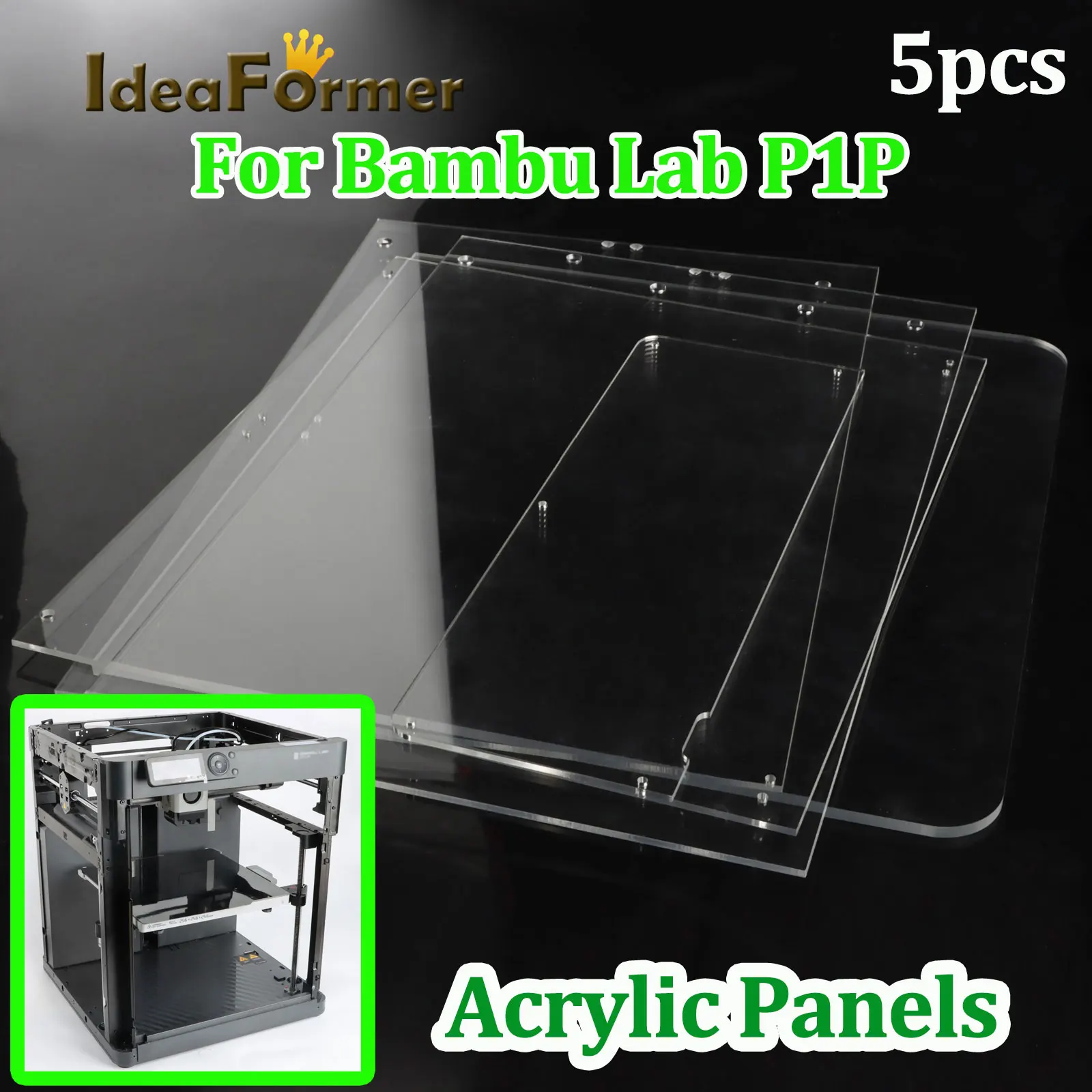 5PCS For Bambu Lab P1P Vision Enclosure High Visibility Kit Front Side Acrylic Panel Top