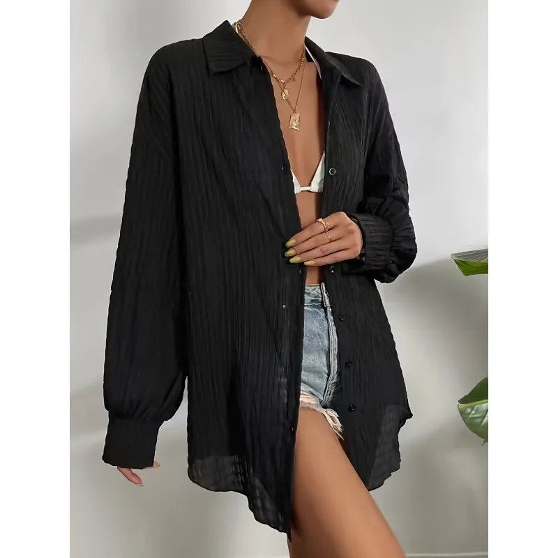 HOUZHOU Basic Black Shirts Women Solid Color Long Sleeve Oversized Pleated White Blouses Korean Fashion Casual Clothes Harajuku