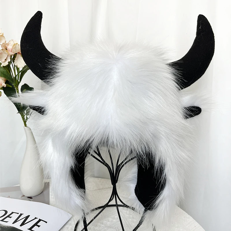 

Creative Cow Horn Ear Protection Hats Winter Ear Protection Wool Hat Personalised Imitation Fox Fur Cap Halloween Party Cosplay