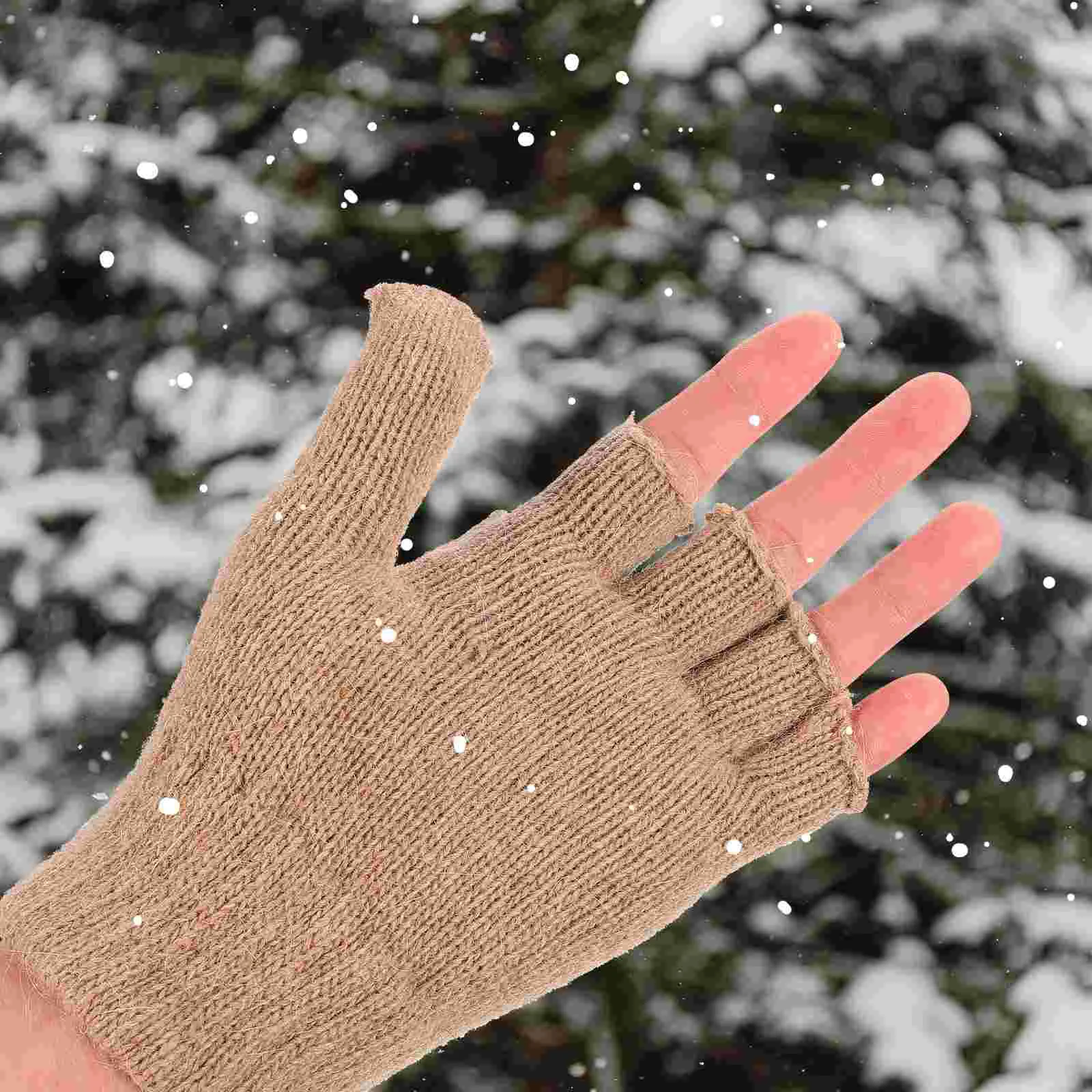 

Women Winter Warm Wool Knitted Convertible Fingerless Gloves With Mitten Cover (Brown)
