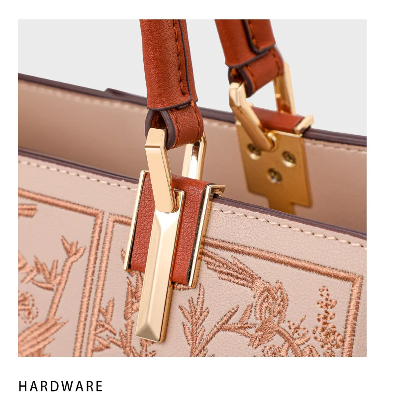 Neue beige bestickte Handtasche aus Rindsleder für Damen mit Blumen- und Vogelmuster, abnehmbarer Schulterriemen, tägliche Büro-Umhängetasche – Detail 13