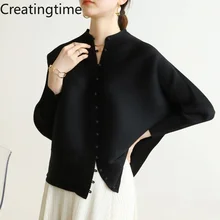 

Creatingtime 2022 Spring New Fashion Tide Women Solid Color Stand Collar Long Sleeve Pleated Loose Single Breasted Shirt GA283