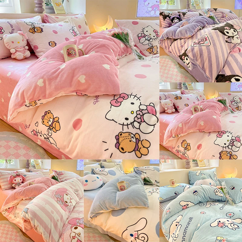 

Hellokittys Milk Velvet Four Piece Set Coral Fleece Pillowcase Quilt Cover Kuromi Cinnamoroll Bed Covers Soft Comfortable Warmth