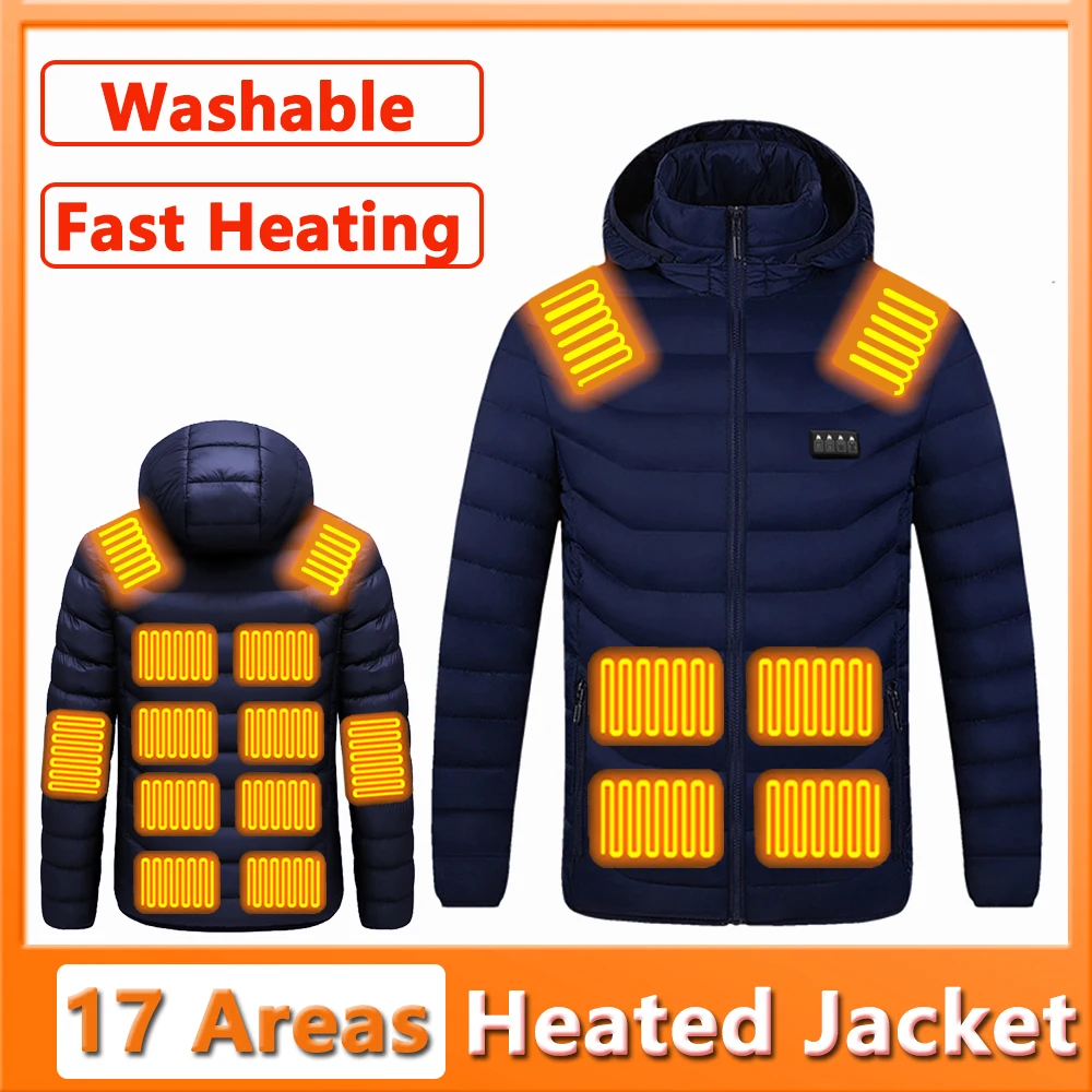 

17 Areas Heated Jacket USB Electric Heating Jacket Smart Thermostat Hooded Clothing Winter Warm Padded Coat