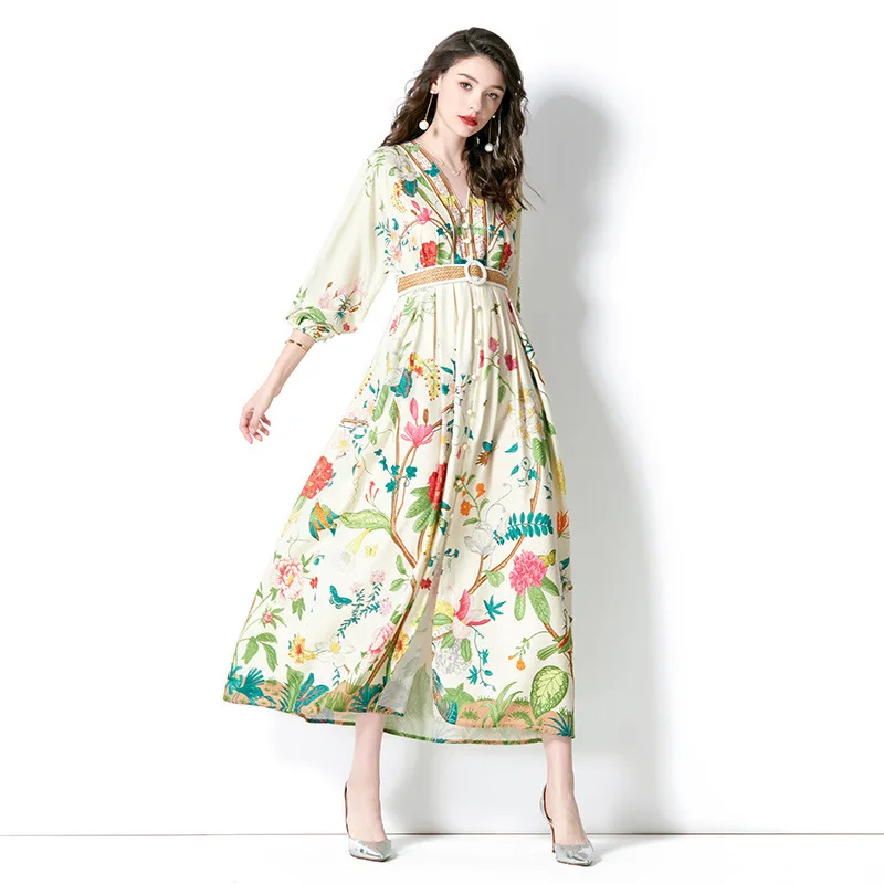 

MUXI-Elegant V-neck Dress for Women, Long Beach Dress, Commuting Flower Design, Spring and Summer, High Quality, New