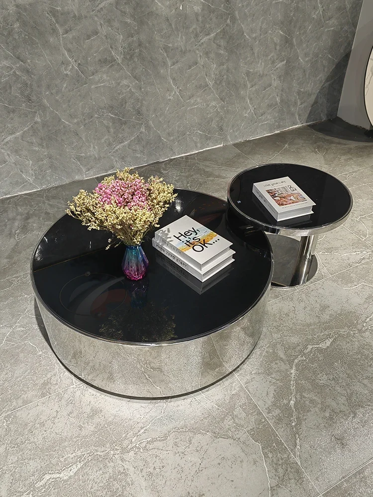 Luxury Coffee Table Stainless Steel Mirror Small Apartment Tempered Glass Round Living Room Home