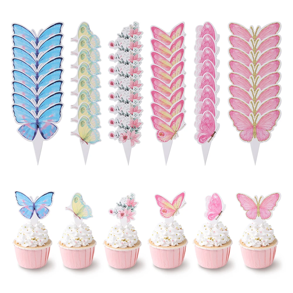 24 Pezzi Farfalla Cupcake Toppers Rosa Blu Farfalla Cake Toppers Per Compleanno Cottura Torta Decorazioni Matrimonio Sposa Festa Decor