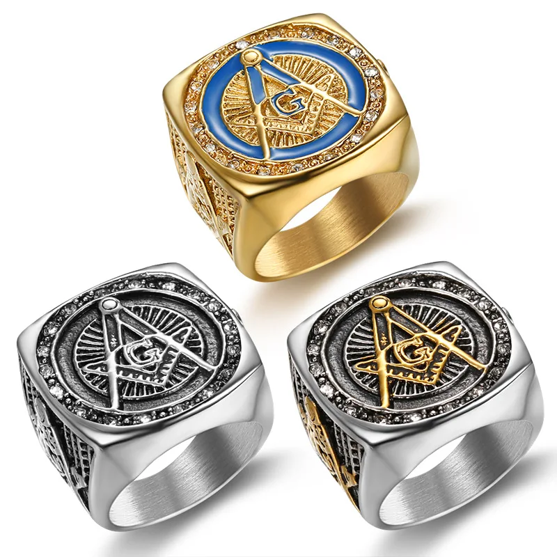 

Fashion Rhinestone Masonic Ring Stainless Steel Charm Jewelry Exquisite Mason Freemason Women Men Ring SMR0012