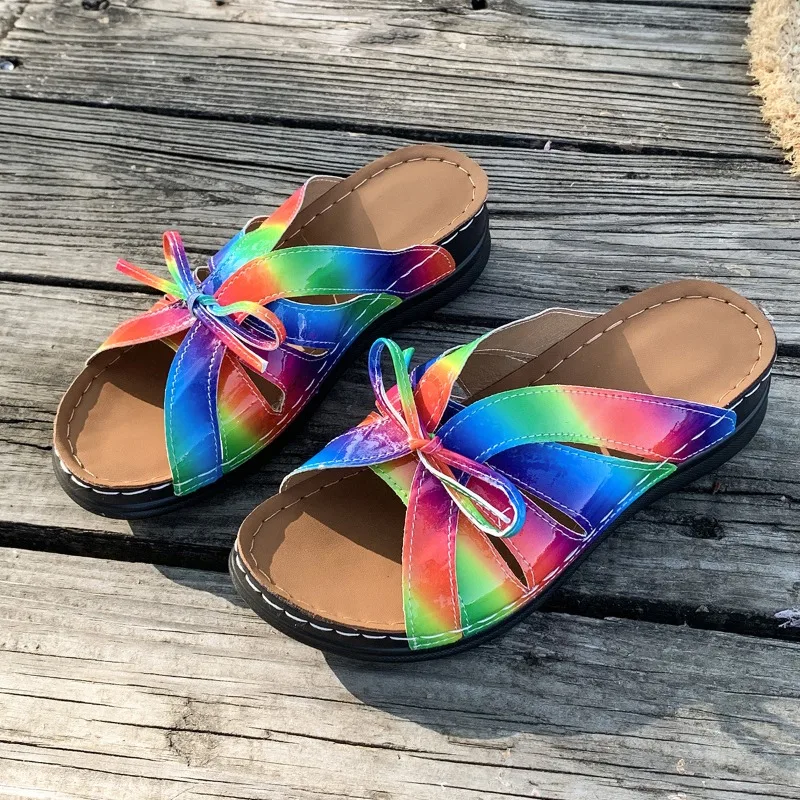 Rainbow Bow Ladies Slippers 2025 Casual Lightweight Beach Shoes