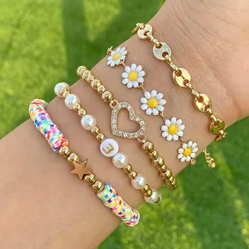 5Pcs/Set K-pop Sunflower Ball Polymer Clay Chain Bracelets for Women, Trending Rhinestone Love Heart Bangles Couple Jewelry