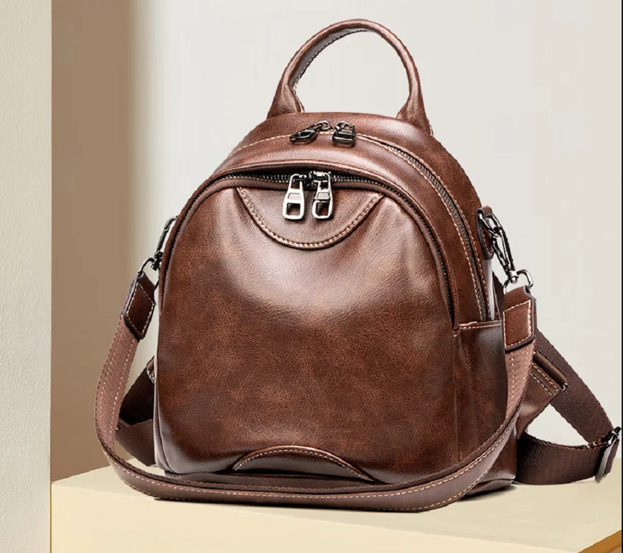 Women Vintage High Quality Real Soft Leather Small Backpack Casual Travel Shoulder Bags Totes Ladies Crossbody Backpacks 2