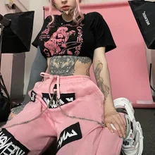 

QWEEK Y2K Gothic Pink Sweatpants Women E Girl Emo Print Jogging Sports Pants Punk Chain High Waist Joggers Harem Trousers Female