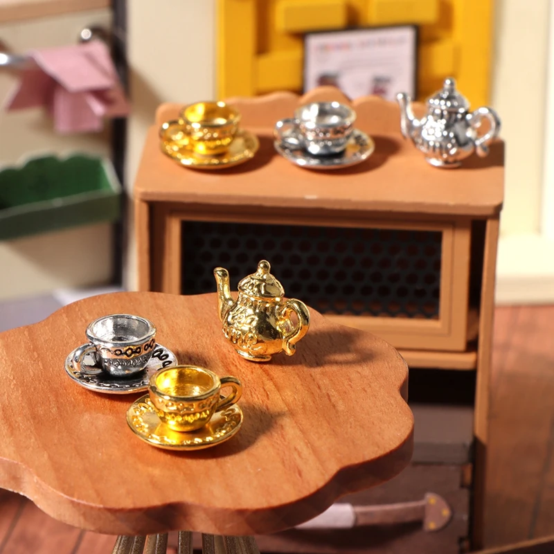 

1Set Dollhouse Miniature Teapot Cup Saucer Metal Tea Set Dining Table Model Decor Toy Doll House Accessories