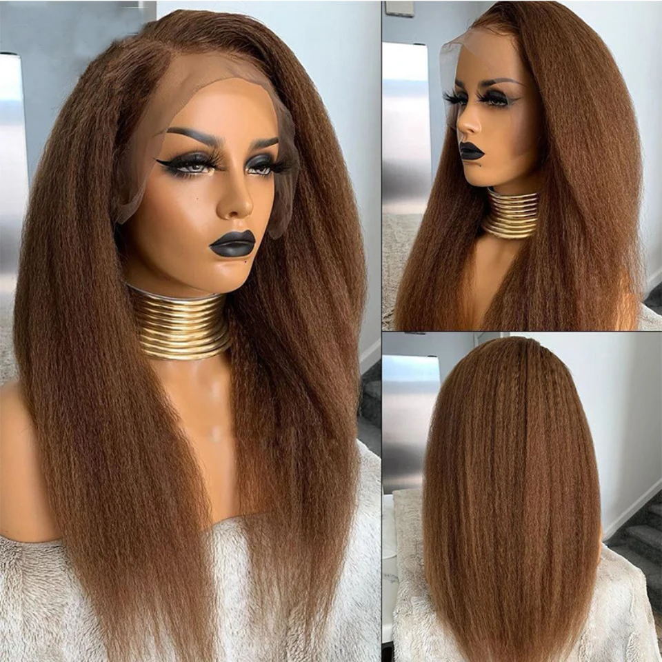 

Yaki Soft Bob Kinky Straight Blonde Brown 180Density Lace Front Wig For Black Women Babyhair Preplucked Heat Resistant Glueless