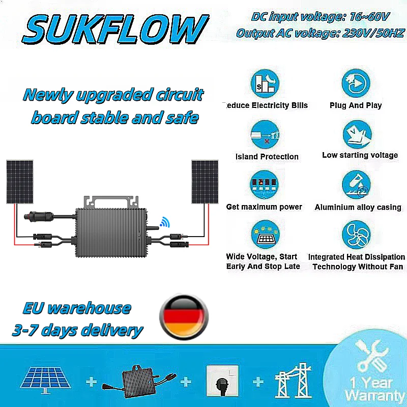 SUKFLOW 1200W 태양광 마이크로 인버터 2-MPPT 웨이브 하이브리드 인버터 IP67 WiFi 모니터링 기능 탑재 휴대용 재생 에너지 시스템용
