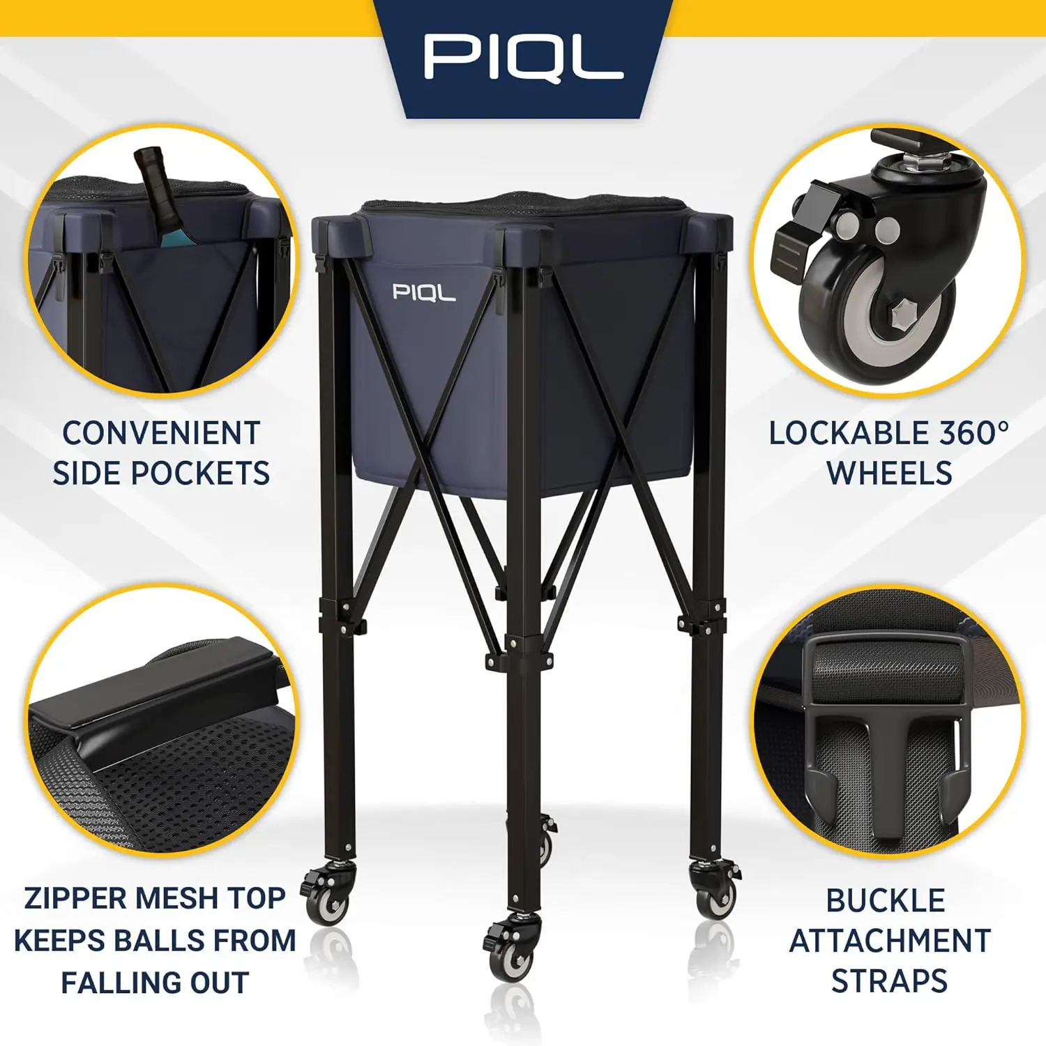 Navy Blue Pickleball Ball Caddy - Wheeled Cart, Storage Bag - 100 pickleball capacity - Tennis Ball Hopper