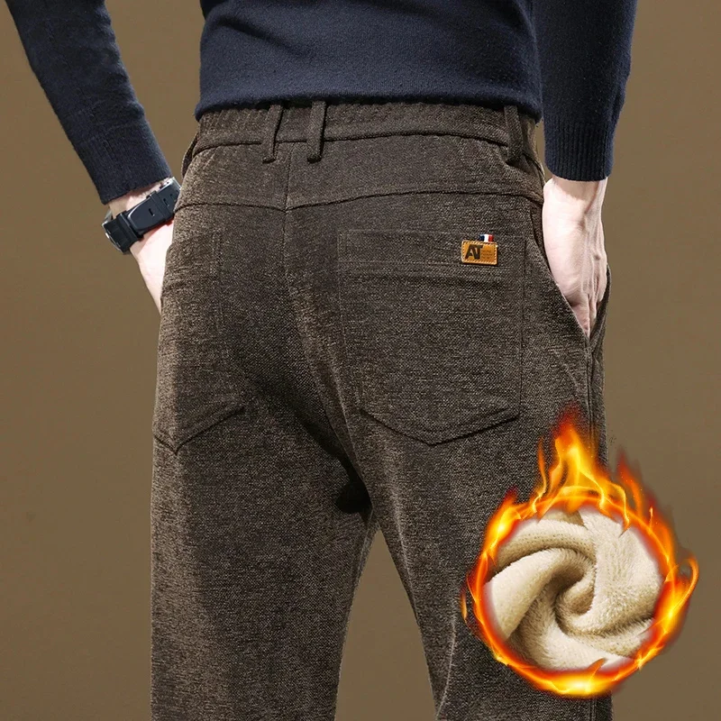 

Chenille Fabric Fleece Pants Men Winter New Slim Straight Casual Stretch Solid Color Velvet Brown Grey Business Trousers Male