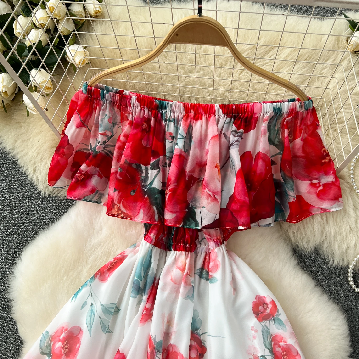 Chic Sexy Off Shoulder Print Ruffle Slash Neck Dress Fairy Print Casual A-line Dress Summer Elegant Beach Vacation Women Dresses