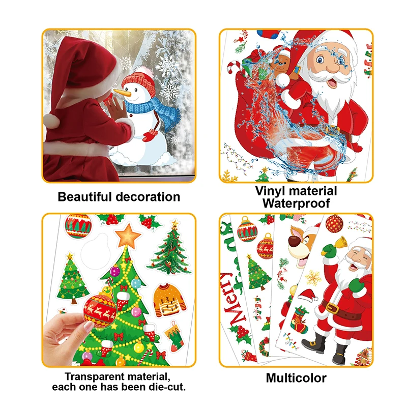 6pcs Christmas Decorative Glass Window Stickers Santa Claus Snowman Elk Scene Layout Electrostatic Wall Sticker Xmas Ornaments