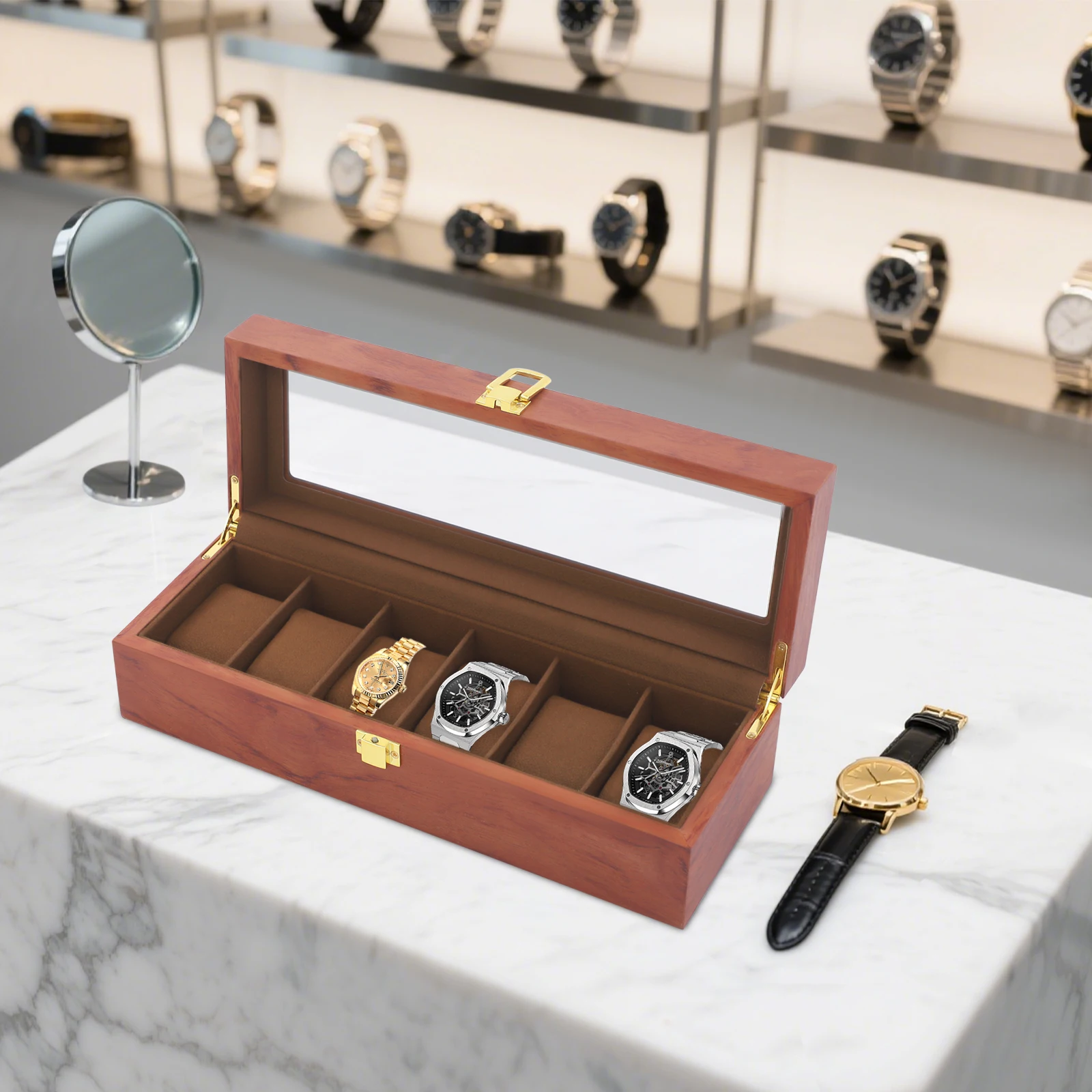 6-Fach Umweltfreundliche Leder-Uhrenbox im Klassischen Bestseller-Stil, Staubdichte Uhrenaufbewahrung mit Schloss und Glasfenster – Detail 3
