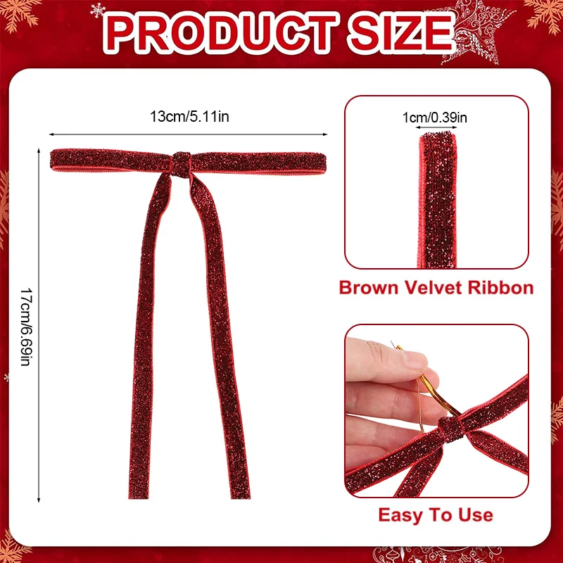 12pcs Red Gold Velvet Bow Christmas Tree Hanging Ribbon Bow Glitter Ornaments DIY Crafts 2025 Christmas Party Gift Decorations